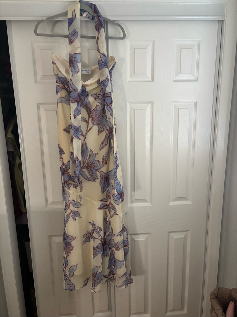 Peppermayo Strapless Scarf Neck Cream Dress with Blue Floral Print